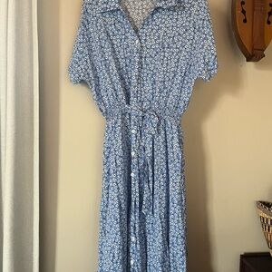 Blue Floral Button-Down Midi Dress with a Smocked Tie Waist